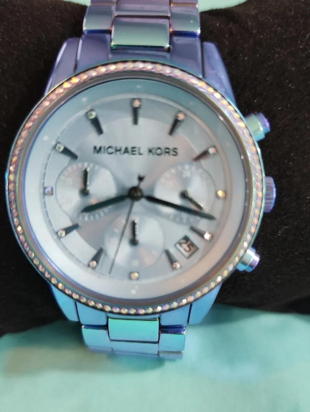 MICHAEL KORS Iridescent Blue Chronograph Watch with Crystal Bezel
